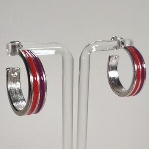 Vintage Open Hoop Silver Tone Channeled Red and Purple Enamel Stud Post Earrings